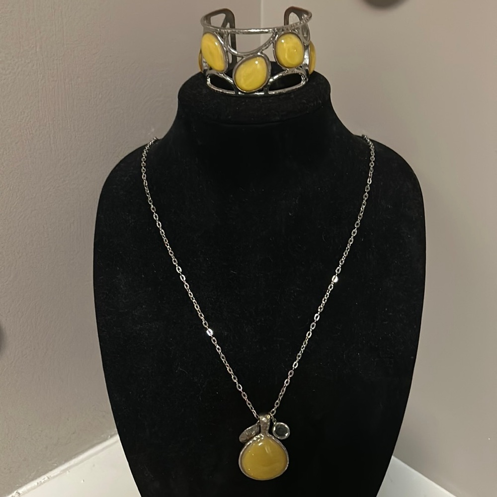 WHBM Yellowish Glitter Decor and Silver Long Necklace and Cuff Bracelet Set